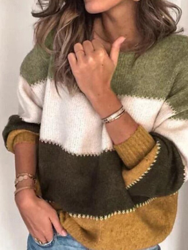 Casual Regular Fit Color Block Crew Neck Long Sleeve Knitted Sweater - Image 4