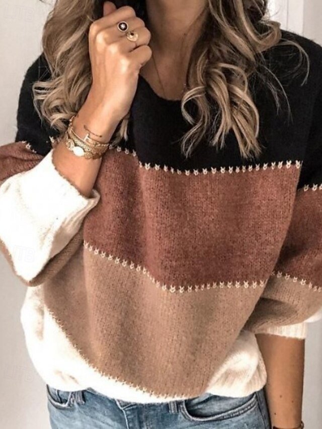 Casual Regular Fit Color Block Crew Neck Long Sleeve Knitted Sweater - Image 5