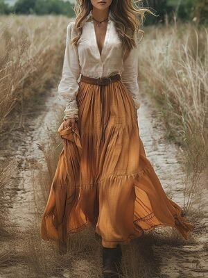 Casual Regular Fit Color Block V Neck Long Sleeve Maxi Dress - Image 1
