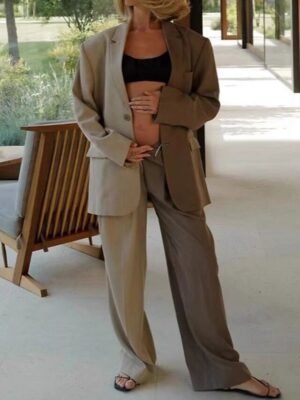 Casual Regular Fit Colour Block Crew Neck Long Sleeve Blazer Suit - Image 3