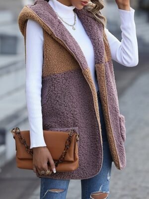 Casual Regular Fit Colour Block Open Front Sleeveless Fleece Vest - Image 1