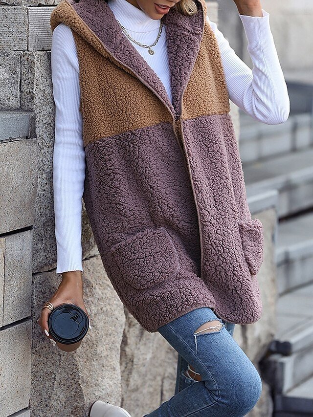 Casual Regular Fit Colour Block Open Front Sleeveless Fleece Vest - Image 5