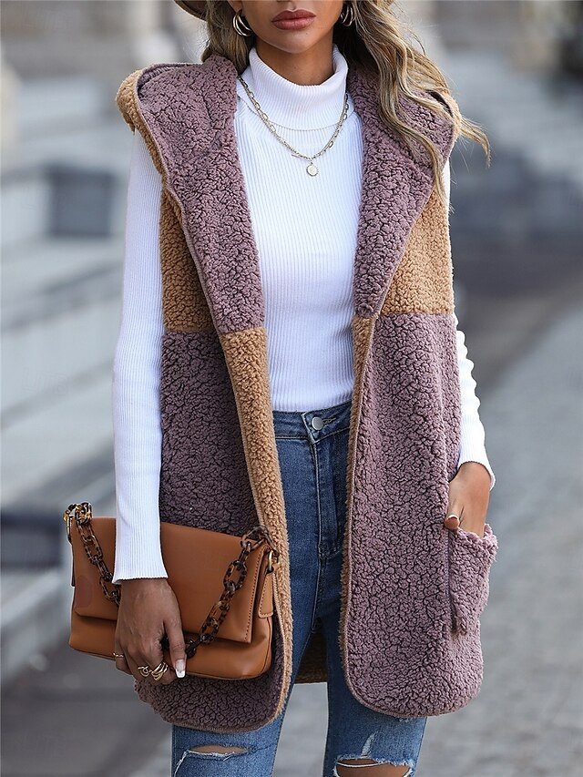 Casual Regular Fit Colour Block Open Front Sleeveless Fleece Vest - Image 6