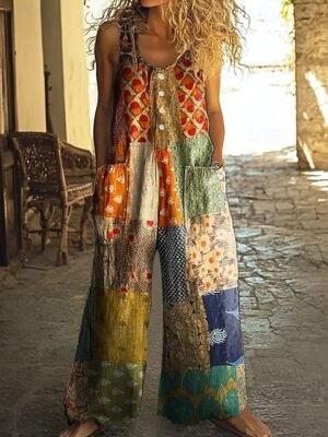 Casual Regular Fit Colour Block Round Neck Sleeveless Wide Leg Jumpsuit - Image 1