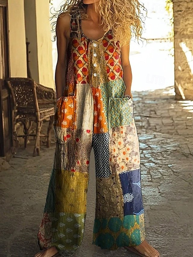 Casual Regular Fit Colour Block Round Neck Sleeveless Wide Leg Jumpsuit - Image 1