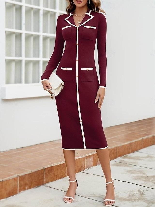 Casual Regular Fit Colour Block Shirt Collar Long Sleeve Maxi Sweater Dress - Image 2