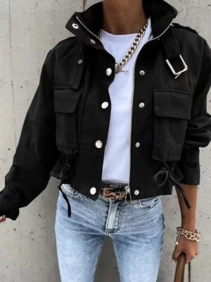 Casual Regular Fit Colour Block Turndown Long Sleeve Short Jacket - Image 5