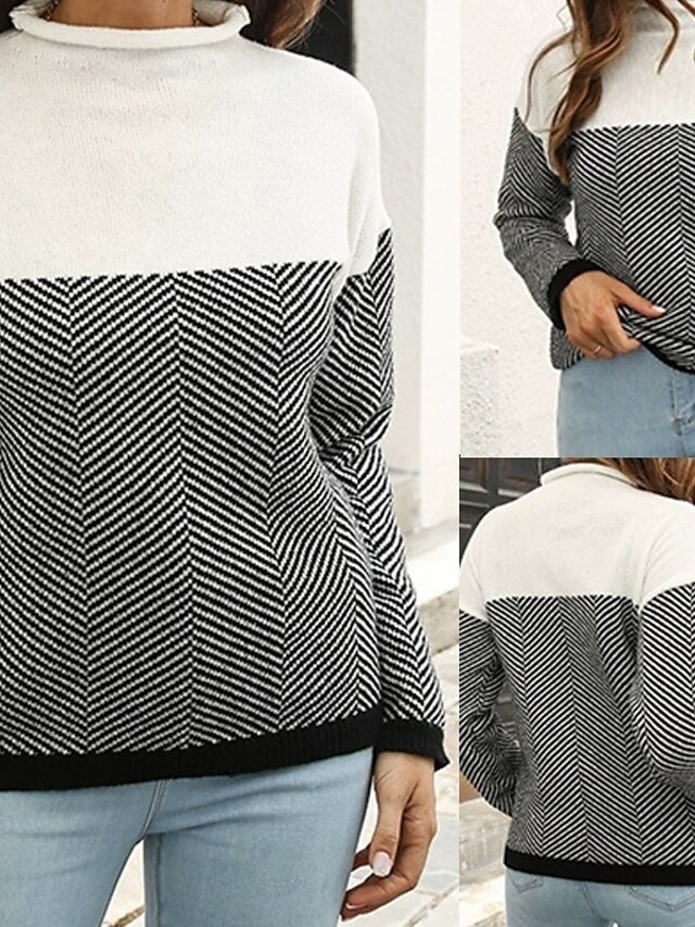 Casual Regular Fit Colour Block Turtleneck Long Sleeve Knitted Top - Image 2