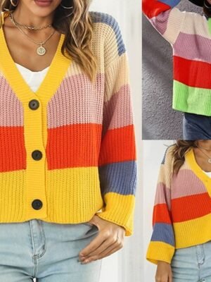 Casual Regular Fit Colour Block V Neck Long Sleeve Cardigan - Image 1
