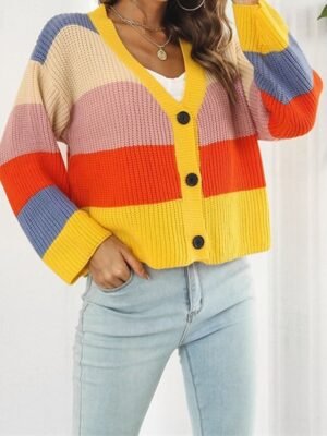Casual Regular Fit Colour Block V Neck Long Sleeve Cardigan - Image 3