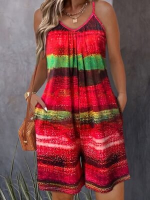 Casual Regular Fit Colour Block V Neck Sleeveless Short Romper - Image 5