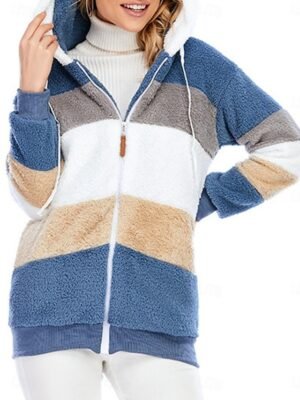 Casual Regular Fit Colour Block Zipper Long Sleeve Fleece Jacket - Image 1