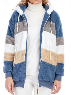 Casual Regular Fit Colour Block Zipper Long Sleeve Fleece Jacket - Image 3