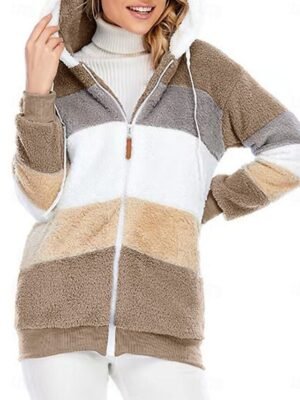 Casual Regular Fit Colour Block Zipper Long Sleeve Fleece Jacket - Image 6
