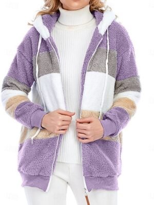 Casual Regular Fit Colour Block Zipper Long Sleeve Fleece Jacket - Image 7