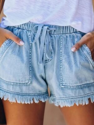 Casual Regular Fit Denim Elastic Waist Drawstring Shorts - Image 1