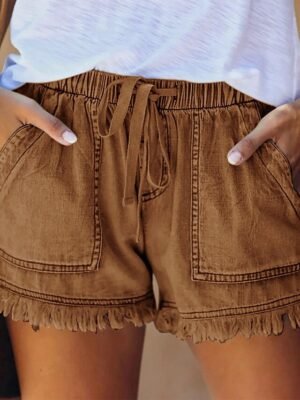 Casual Regular Fit Denim Elastic Waist Drawstring Shorts - Image 10