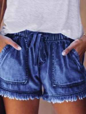 Casual Regular Fit Denim Elastic Waist Drawstring Shorts - Image 6