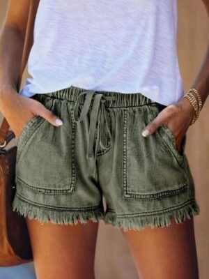 Casual Regular Fit Denim Elastic Waist Drawstring Shorts - Image 8