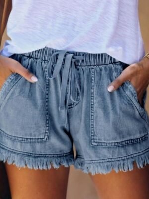 Casual Regular Fit Denim Elastic Waist Drawstring Shorts - Image 9