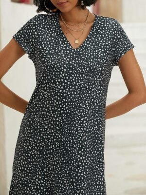 Casual Regular Fit Ditsy Floral V Neck Short Sleeve Mini Dress - Image 6