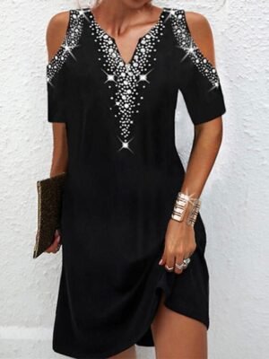Casual Regular Fit Dot V Neck Short Sleeve Mini Dress - Image 1