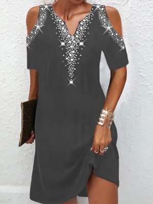 Casual Regular Fit Dot V Neck Short Sleeve Mini Dress - Image 3