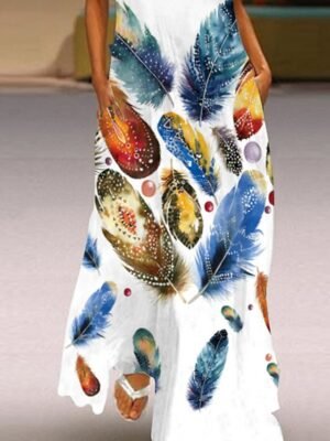 Casual Regular Fit Feather V Neck Sleeveless Maxi Dress - Image 4
