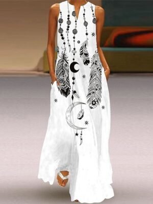 Casual Regular Fit Feather V Neck Sleeveless Maxi Dress - Image 5