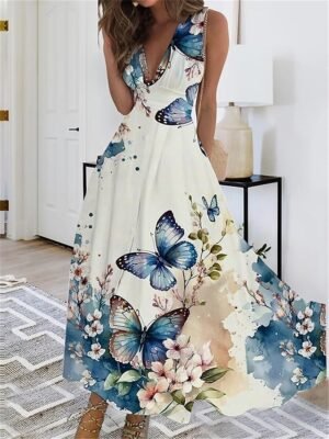 Casual Regular Fit Floral Butterfly V Neck Sleeveless Maxi Dress - Image 1
