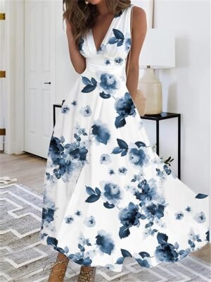 Casual Regular Fit Floral Butterfly V Neck Sleeveless Maxi Dress - Image 2