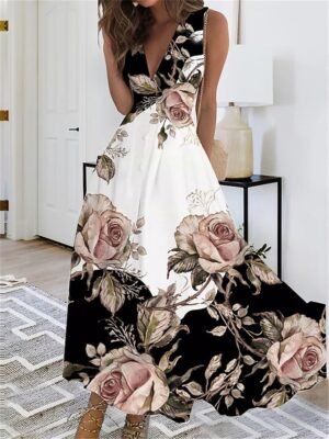 Casual Regular Fit Floral Butterfly V Neck Sleeveless Maxi Dress - Image 3