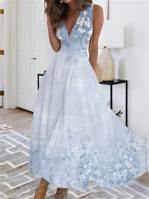 Casual Regular Fit Floral Butterfly V Neck Sleeveless Maxi Dress - Image 4