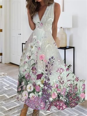 Casual Regular Fit Floral Butterfly V Neck Sleeveless Maxi Dress - Image 5