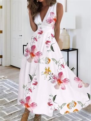 Casual Regular Fit Floral Butterfly V Neck Sleeveless Maxi Dress - Image 6