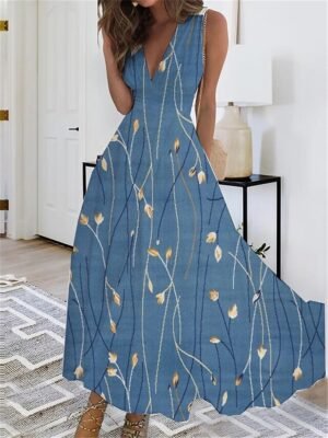 Casual Regular Fit Floral Butterfly V Neck Sleeveless Maxi Dress - Image 7