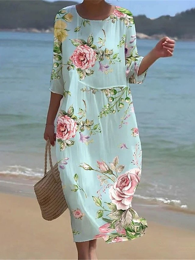 Casual Regular Fit Floral Crew Neck 3/4 Sleeve Midi Dress - Image 1