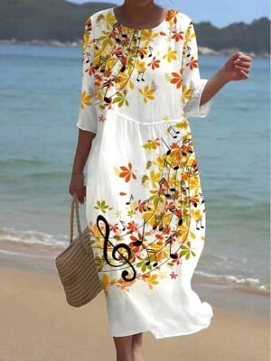 Casual Regular Fit Floral Crew Neck 3/4 Sleeve Midi Dress - Image 4