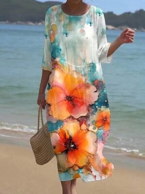 Casual Regular Fit Floral Crew Neck 3/4 Sleeve Midi Dress - Image 5
