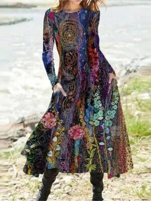 Casual Regular Fit Floral Crew Neck Long Sleeve Midi Dress - Image 1