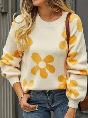 Casual Regular Fit Floral Crew Neck Long Sleeve Regular Sweater - Image 2