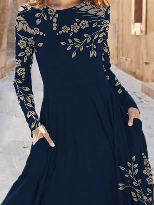 Casual Regular Fit Floral Crew Neck Long Sleeve Midi Dress - Image 2