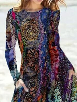 Casual Regular Fit Floral Crew Neck Long Sleeve Midi Dress - Image 3