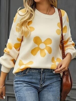 Casual Regular Fit Floral Crew Neck Long Sleeve Regular Sweater - Image 3