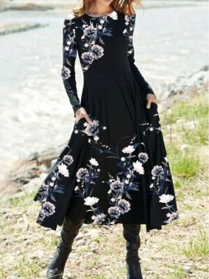 Casual Regular Fit Floral Crew Neck Long Sleeve Midi Dress - Image 5