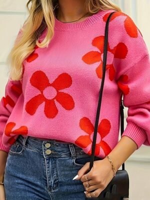 Casual Regular Fit Floral Crew Neck Long Sleeve Regular Sweater - Image 5
