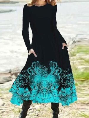 Casual Regular Fit Floral Crew Neck Long Sleeve Midi Dress - Image 9