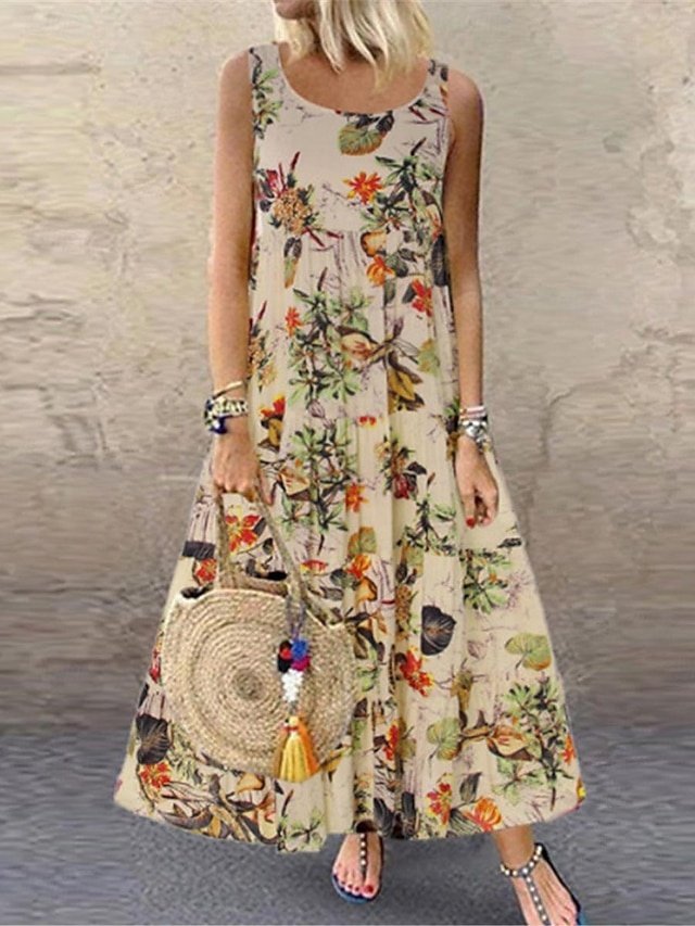 Casual Regular Fit Floral Crew Neck Maxi Dress - Image 1