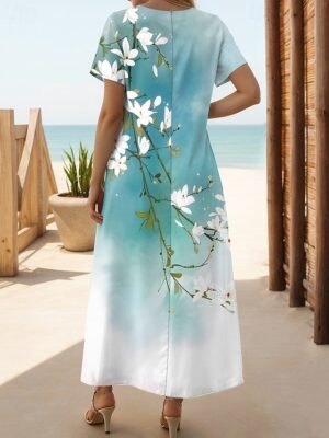 Casual Regular Fit Floral Crew Neck Short Sleeve Maxi Sundress - Image 2