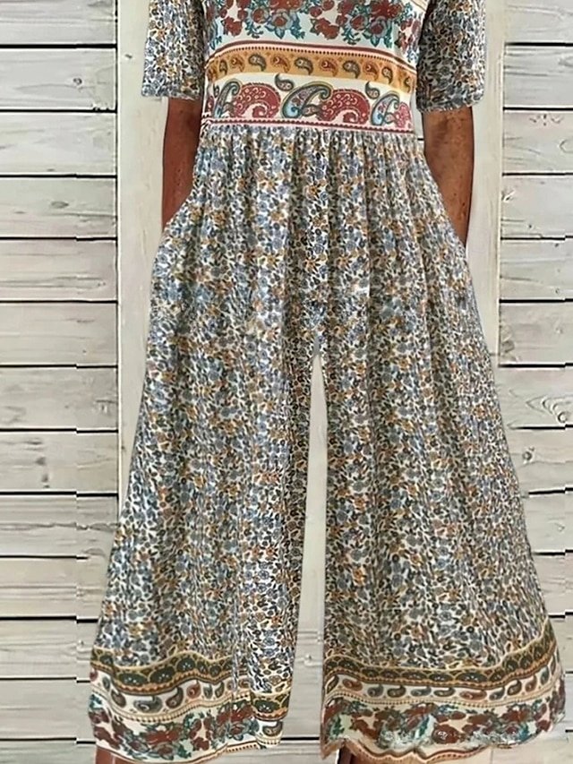 Casual Regular Fit Floral Crew Neck Short Sleeve Jumpsuit - Image 2